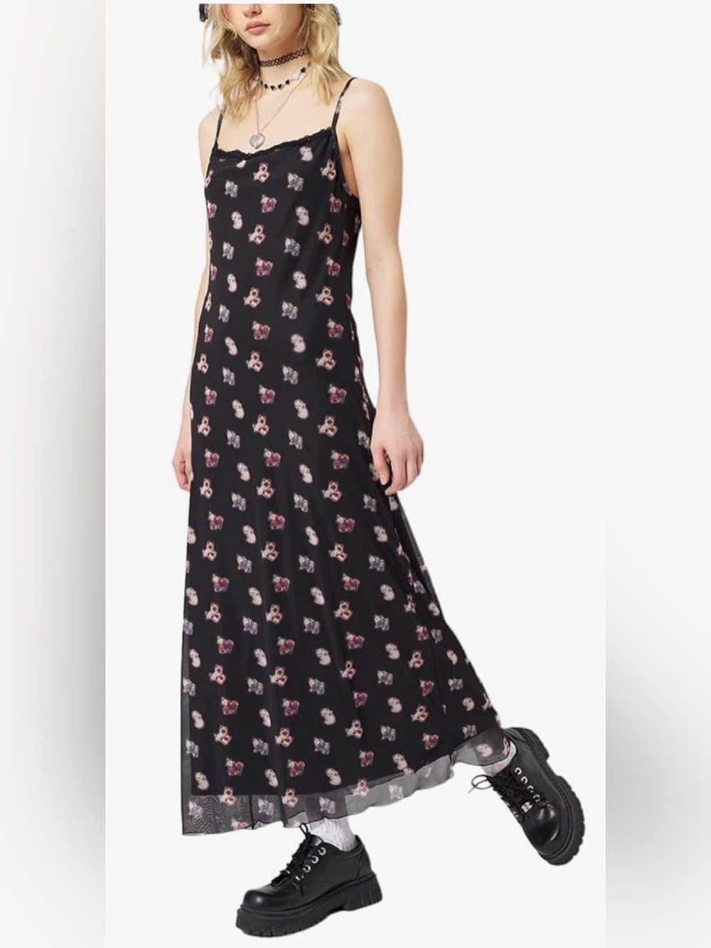 Minga Cat Print Mesh Maxi Dress Grunge Adjustable Straps Y2k Streetwear Size S